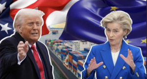 Donald Trump and Ursula von der Leyen facing each other during high-level talks, symbolizing US-EU political tension and shifting alliances