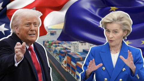 Donald Trump and Ursula von der Leyen facing each other during high-level talks, symbolizing US-EU political tension and shifting alliances