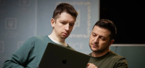 President Volodymyr Zelenskyy reviews a speech draft alongside advisor Dmytro Lytvyn inside the Presidential Office in Kyiv.
