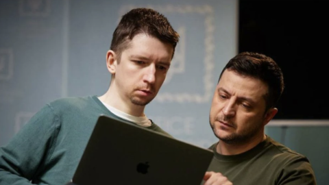 President Volodymyr Zelenskyy reviews a speech draft alongside advisor Dmytro Lytvyn inside the Presidential Office in Kyiv.