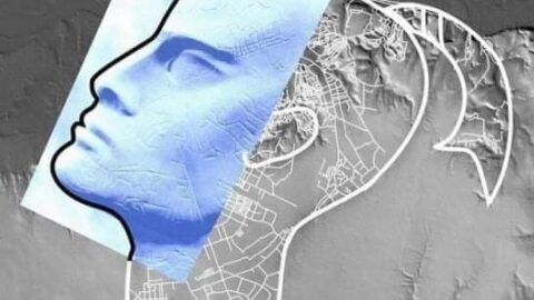 Satellite view of Kyiv revealing the 15x20 km Divine Face with landmarks forming a human-like visage