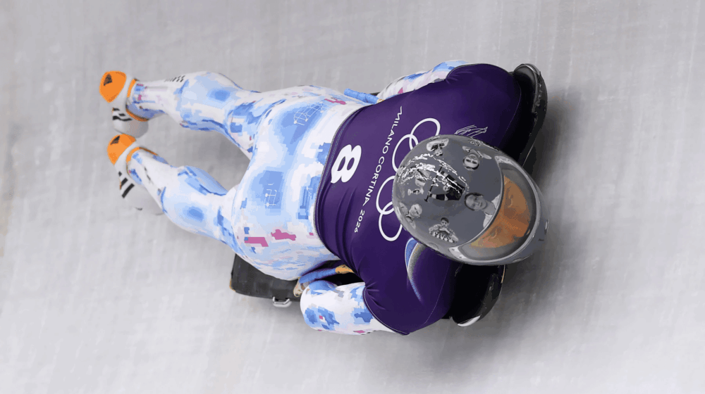 Ukrainian skeleton racer Vladyslav Heraskevych wearing a memorial helmet honoring Ukrainian athletes killed by Russian war during 2026 Olympic training