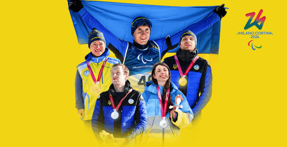 Ukrainian Paralympic medalists celebrate with national flags after podium ceremonies at the 2026 Winter Games in Italy