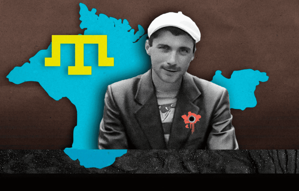 Reşat Ametov memorial portrait against Crimean square backdrop, honoring the first civilian killed after Russia’s 2014 invasion of Ukraine