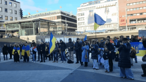Pro-Ukraine rally in Stockholm with flags and banners marking 1495 days since Russia’s full scale invasion of Ukraine