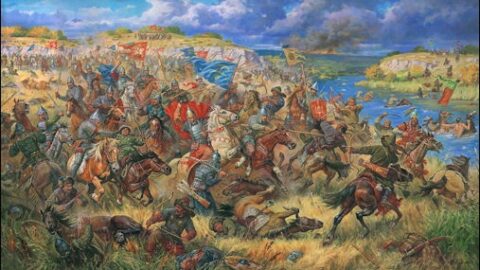 Battle of Blue Waters 1362 map and illustration showing forces of Algirdas defeating Golden Horde troops in Eastern Europe