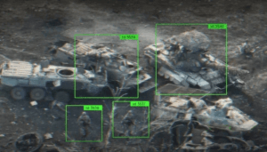 Ukrainian military AI system interface with drone targeting overlay representing A1 defense AI center and battlefield data processing
