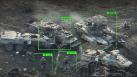 Ukrainian military AI system interface with drone targeting overlay representing A1 defense AI center and battlefield data processing