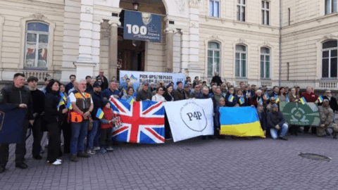 Convoy of off-road vehicles delivered by British farmers to Ukrainian military in Lviv region for frontline support and evacuation missions