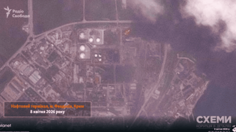Satellite view of Feodosia oil depot in Crimea showing damaged fuel tanks and industrial destruction after repeated strikes