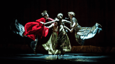 Scene from Ukrainian opera GAIA-24 with performers in experimental staging reflecting war, nature, and ecological themes