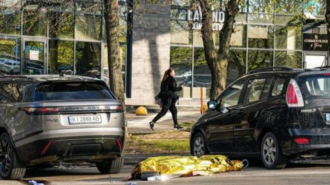 Emergency responders at Kyiv shooting scene in Holosiivskyi district after deadly supermarket and street attack
