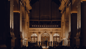 Concert hall interior in Lviv Organ Hall with orchestra preparing for world premiere performances of Ukrainian symphonies