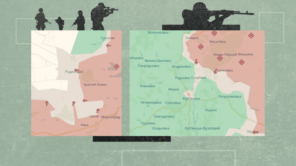 Map of Ukraine frontline showing Kupyansk and Rodynske directions with shifting positions and ongoing Russian offensive pressure