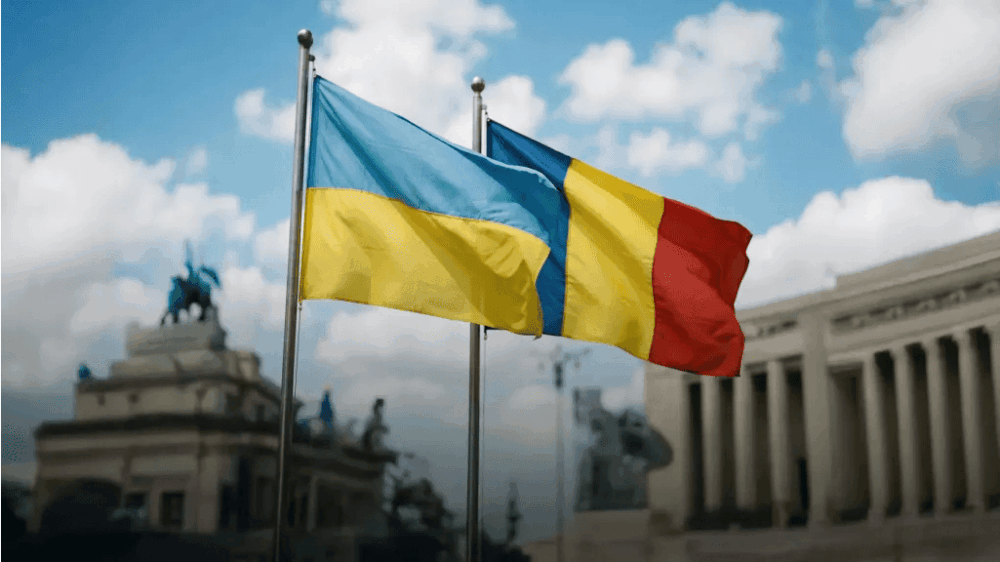 Ukraine and Romania flags with drone and defense production imagery symbolizing joint EU-backed military manufacturing cooperation