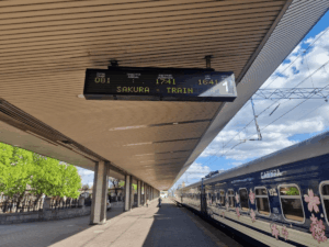 New Sakura flagship train by Ukrzaliznytsia with modern carriages and cherry blossom themed design on Kyiv Uzhhorod route