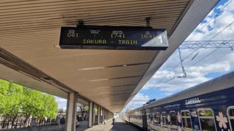 New Sakura flagship train by Ukrzaliznytsia with modern carriages and cherry blossom themed design on Kyiv Uzhhorod route