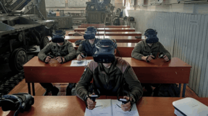 Ukrainian soldiers using extended reality XR simulators for military equipment training in a virtual environment