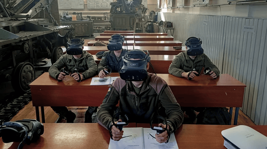 Ukrainian soldiers using extended reality XR simulators for military equipment training in a virtual environment