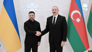 Ukrainian President Volodymyr Zelenskyy meeting Azerbaijani leadership during discussions on trilateral peace talks and war diplomacy