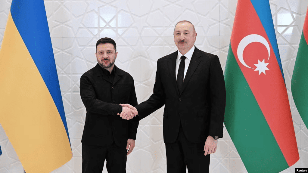 Ukrainian President Volodymyr Zelenskyy meeting Azerbaijani leadership during discussions on trilateral peace talks and war diplomacy