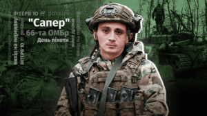Ukrainian infantry soldier from 66th Mechanized Brigade at frontline during war interview conditions