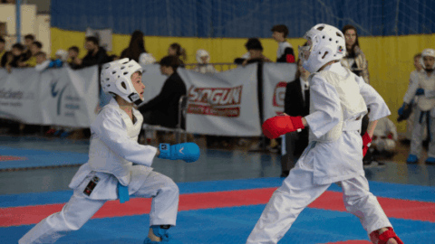 Kyiv karate tournament supporting HUR units with athletes competing across multiple tatami mats
