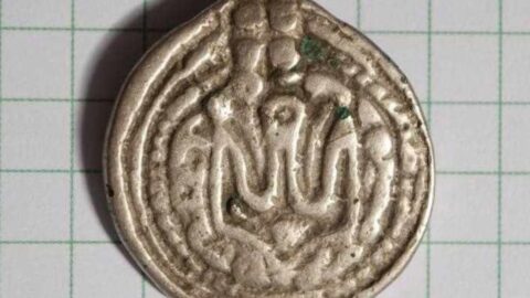 Ukraine coat of arms symbol of Volodymyr the Great on historical coin and modern Ukrainian state emblem