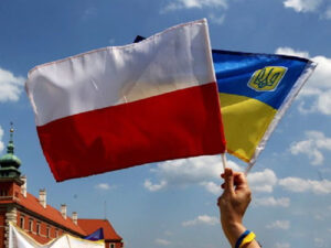 Poland and Ukraine flags overlapping with archival photos symbolizing historical memory and contemporary tensions in Polish-Ukrainian relations